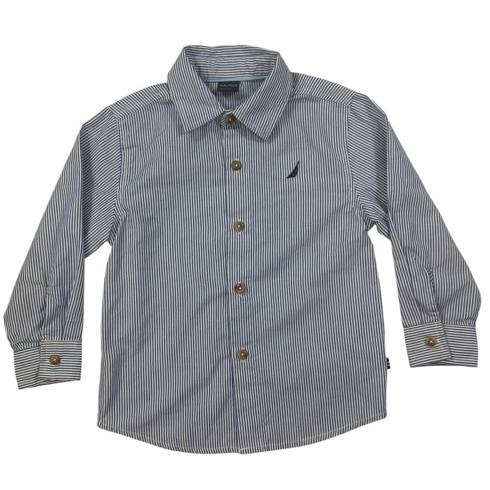 Nautica Toddler Boys Blue White Pin Striped Button Front Shirt | Size 3T